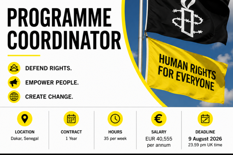 Amnesty International Programme Coordinator Jobs 2026 in Dakar, Senegal | €40,555 Annual Salary