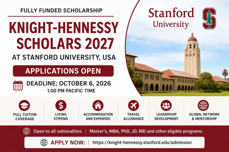Stanford University Knight-Hennessy Scholars 2027 (Fully Funded) | Applications Open | Apply by 6 October 2026